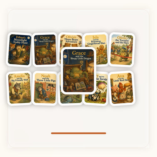 Storytime Library showing ten personalised Murmle story covers.