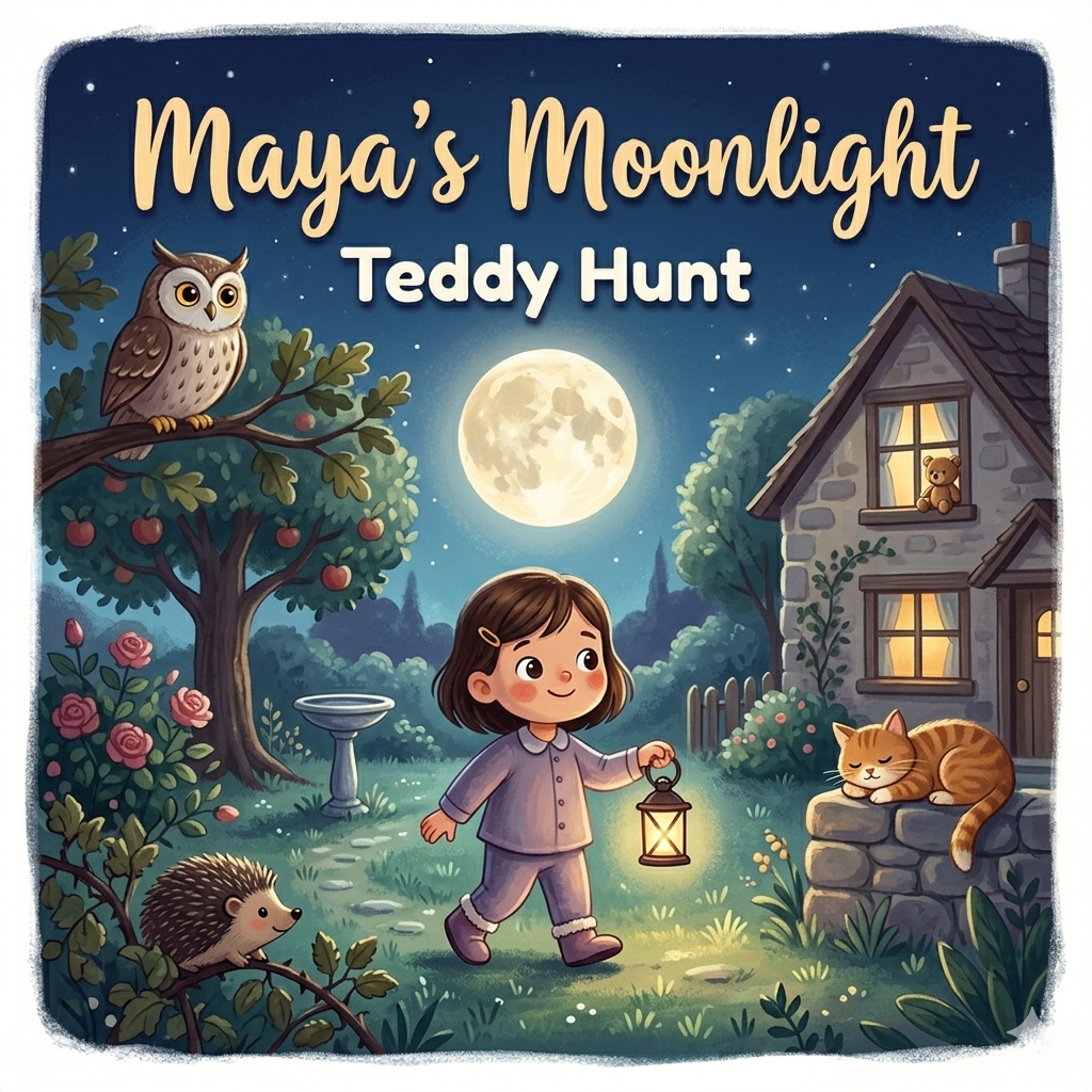 Murmle personalised audiobook cover for Maya's Moonlight Teddy Hunt.