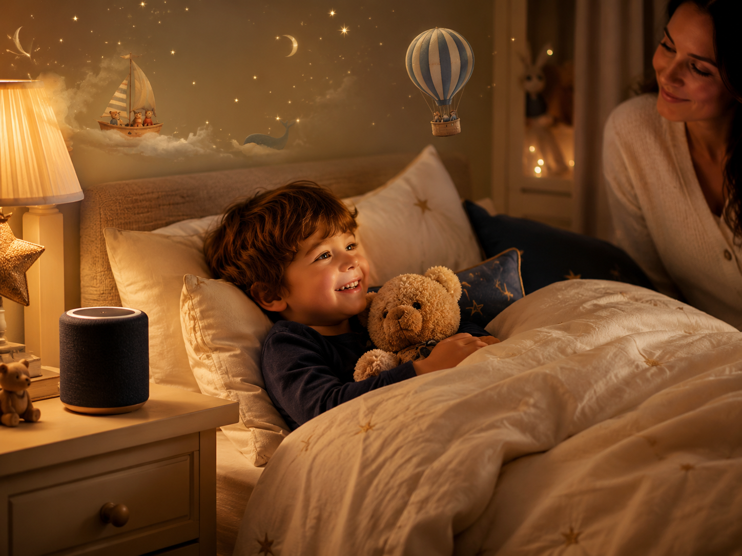 A child listening to a personalised bedtime story in a warm bedroom