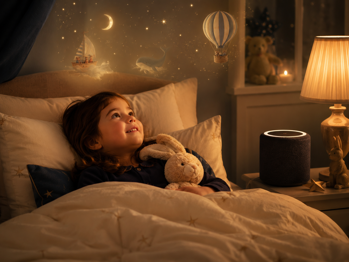 A child listening to a bedtime audiobook in a warm bedroom