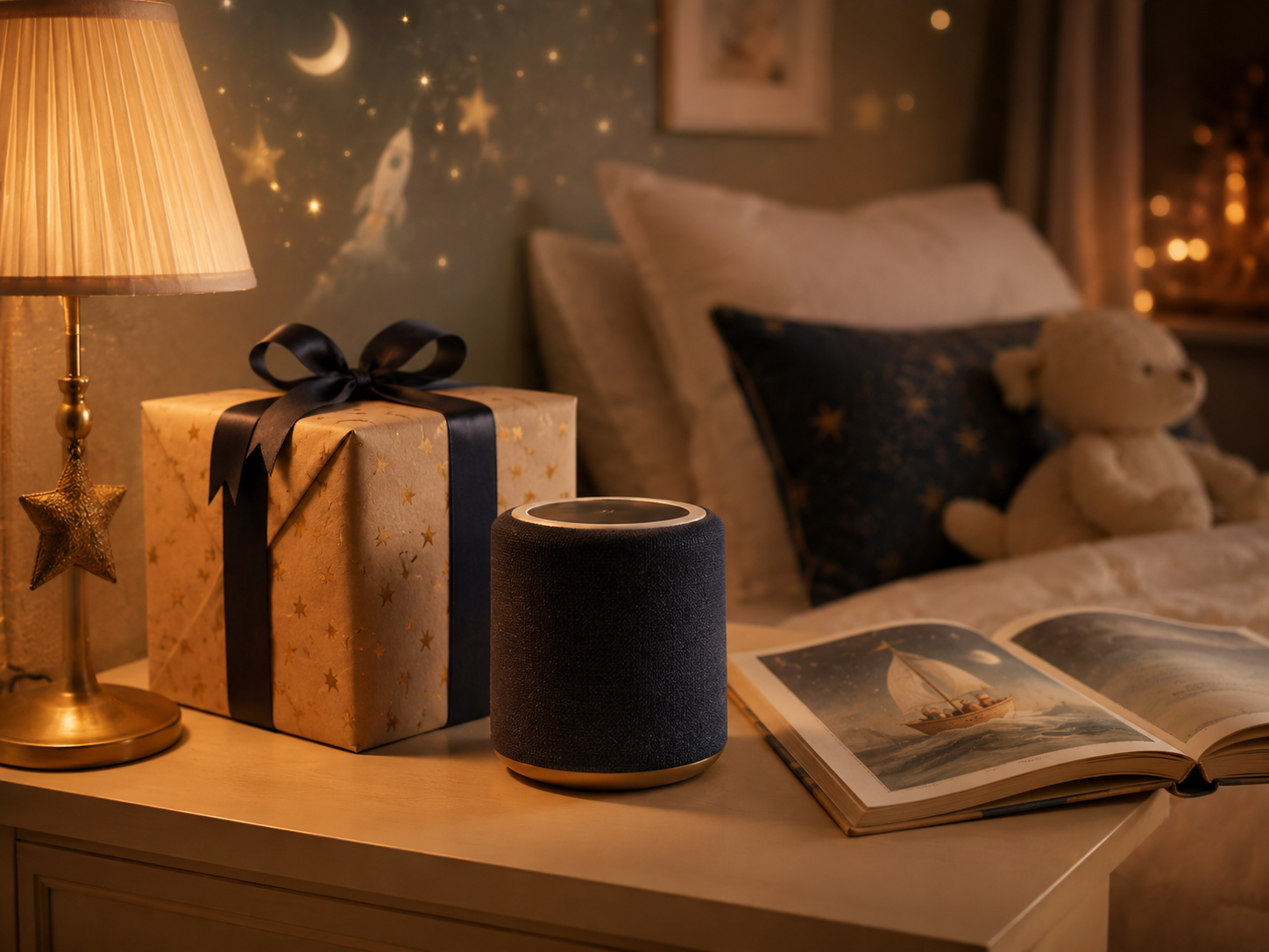 A wrapped gift, storybook, and speaker on a warm bedtime table